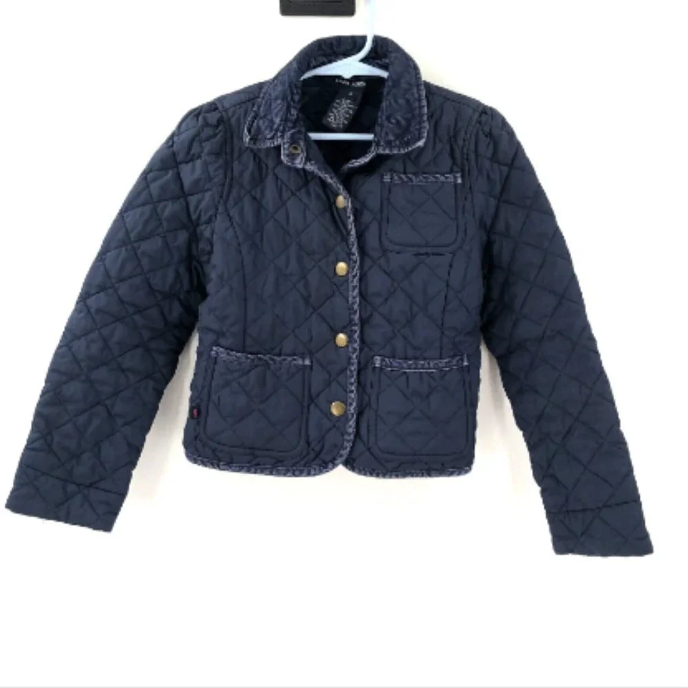 RALPH LAUREN Quilted Jacket Coat Navy Blue Chore Barn Coat Corduroy Trim Prep 6